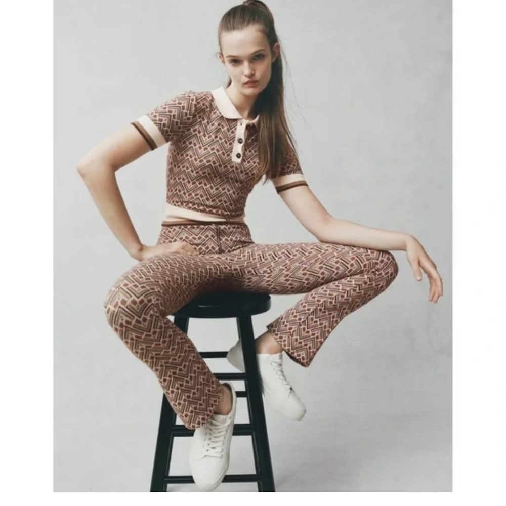 Zara X Spalding Jacquard Printed High Rise Flare Knit Pants NWT size M